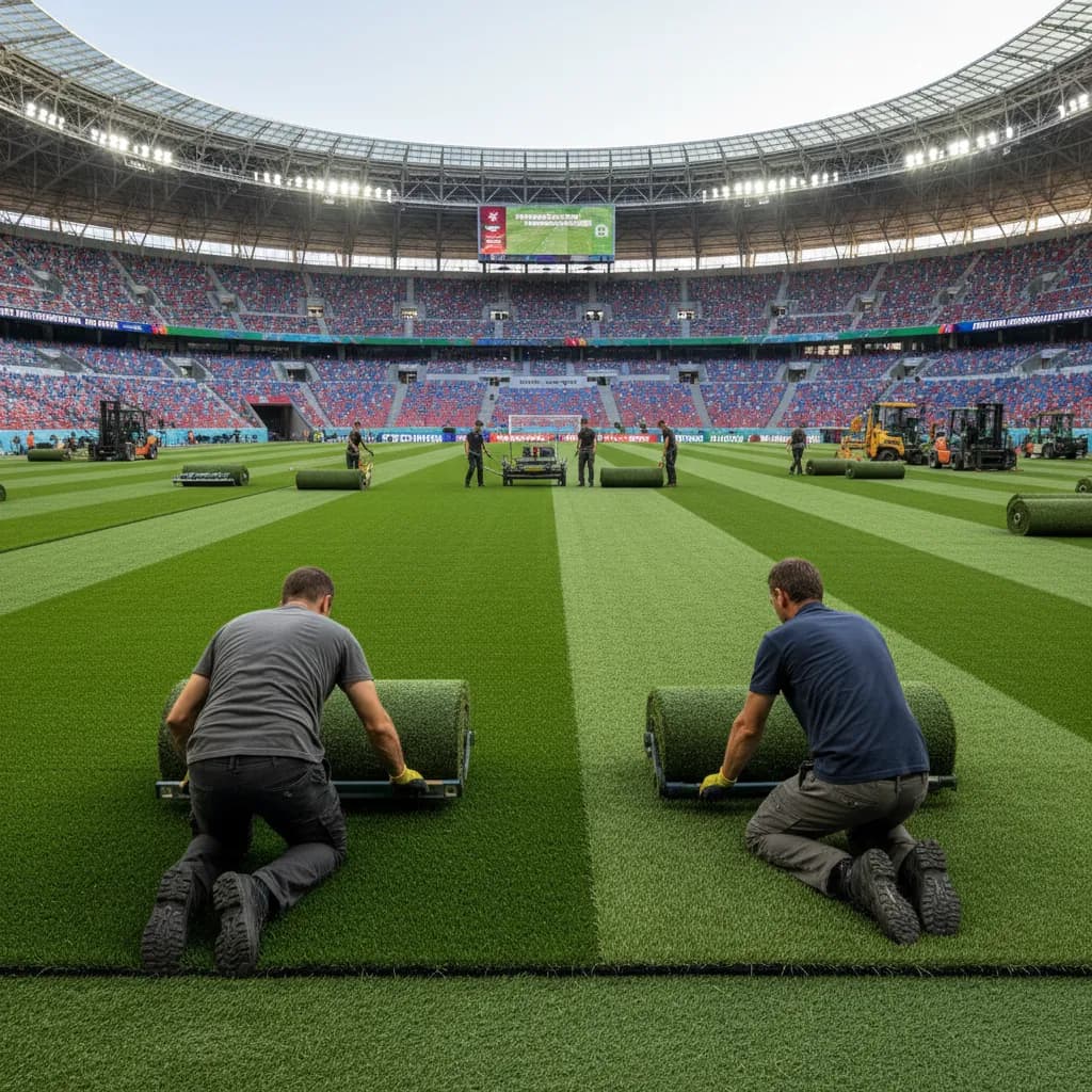 Workers on scaffolding install signage on a stadium exterior during venue preparation