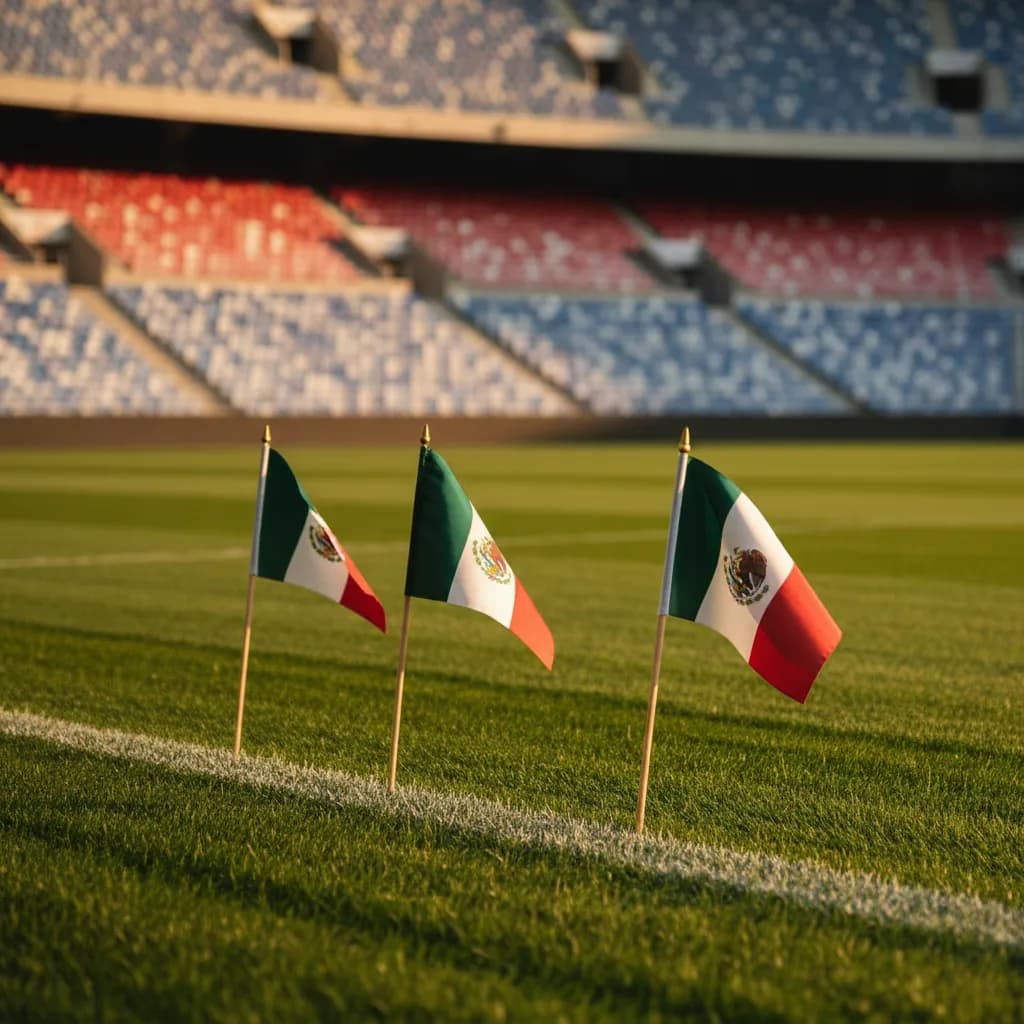Three Mexican flags in pitch grass with stadium seating behind