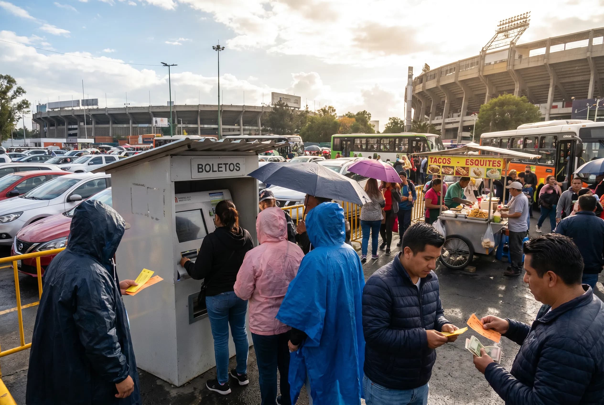 A bright practical scene for mexico city stadium carretera parking and metro guide.