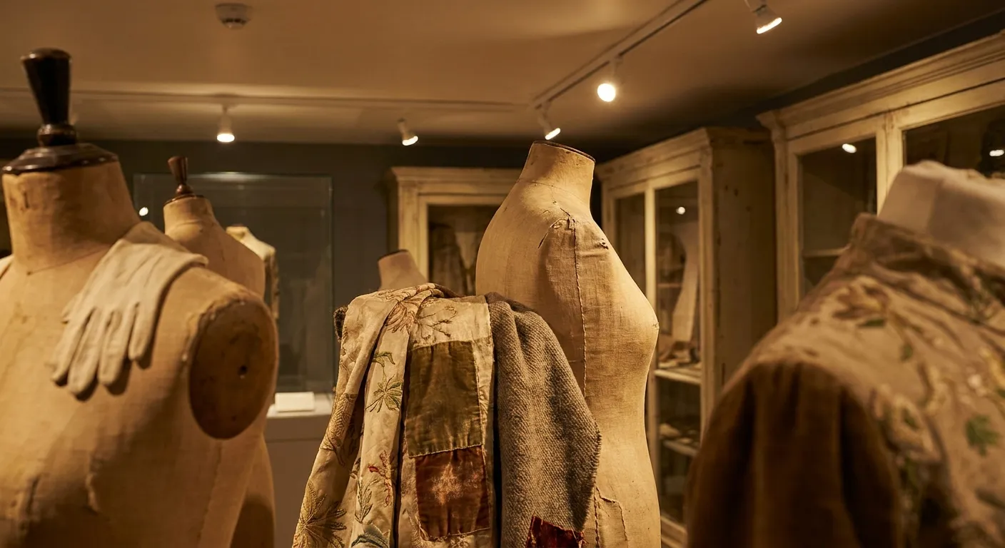 Close view of fashion exhibition textiles and dress forms under gallery lights.