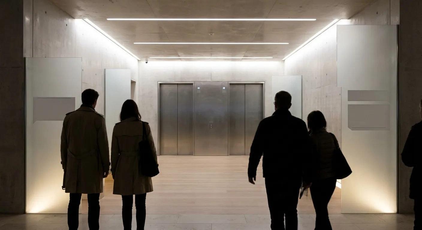 A quiet Chelsea museum lobby route with soft visitor silhouettes and clean gallery lighting.