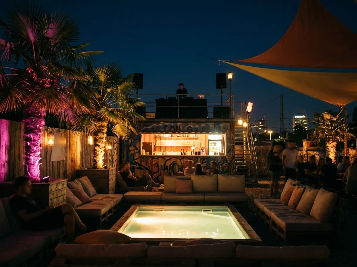 A Miami open-air club terrace before midnight with low seating, palms uplit against a dark sky and a bar counter glowing at the back