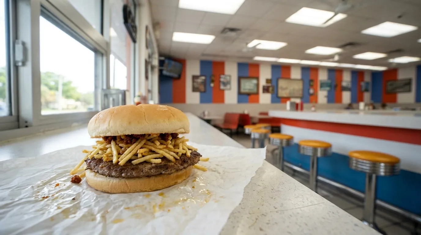 A Cuban frita burger with shoestring potato sticks on top at a Little Havana counter