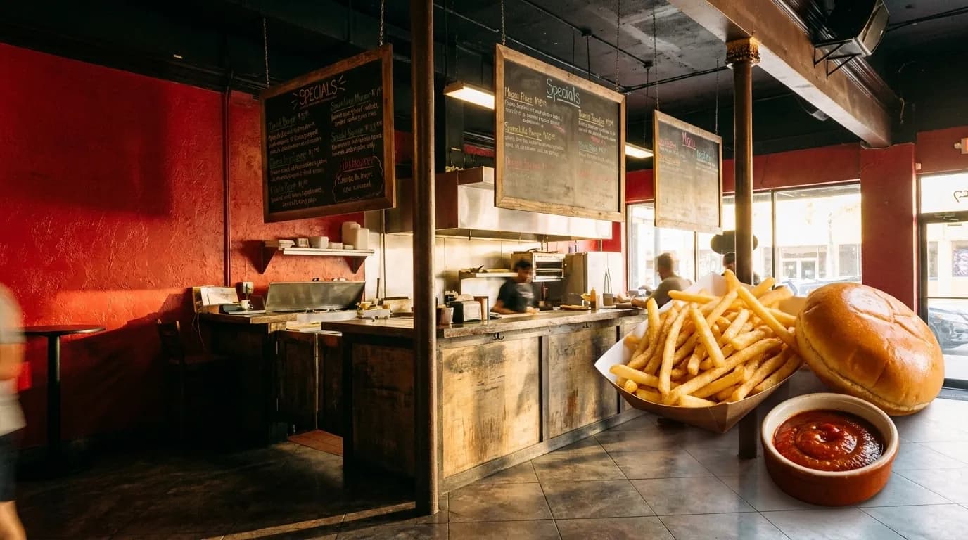 Shoestring potatoes piled on a counter at a Cuban frita stand