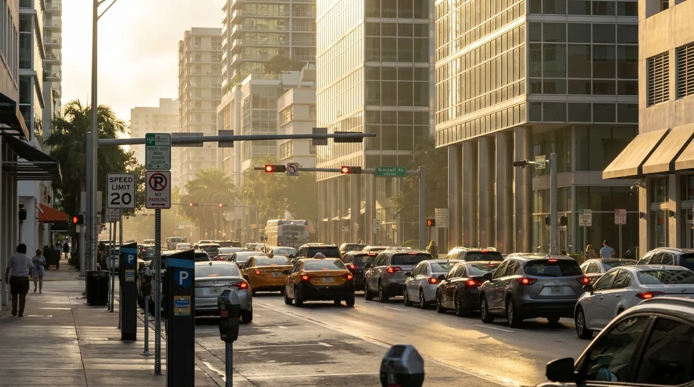 Morning traffic on Brickell Avenue in downtown Miami with office towers in the background