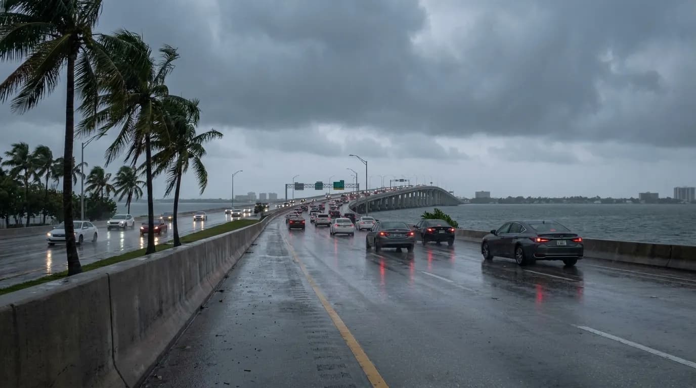 MacArthur Causeway bridge approaching Miami Beach under afternoon storm clouds