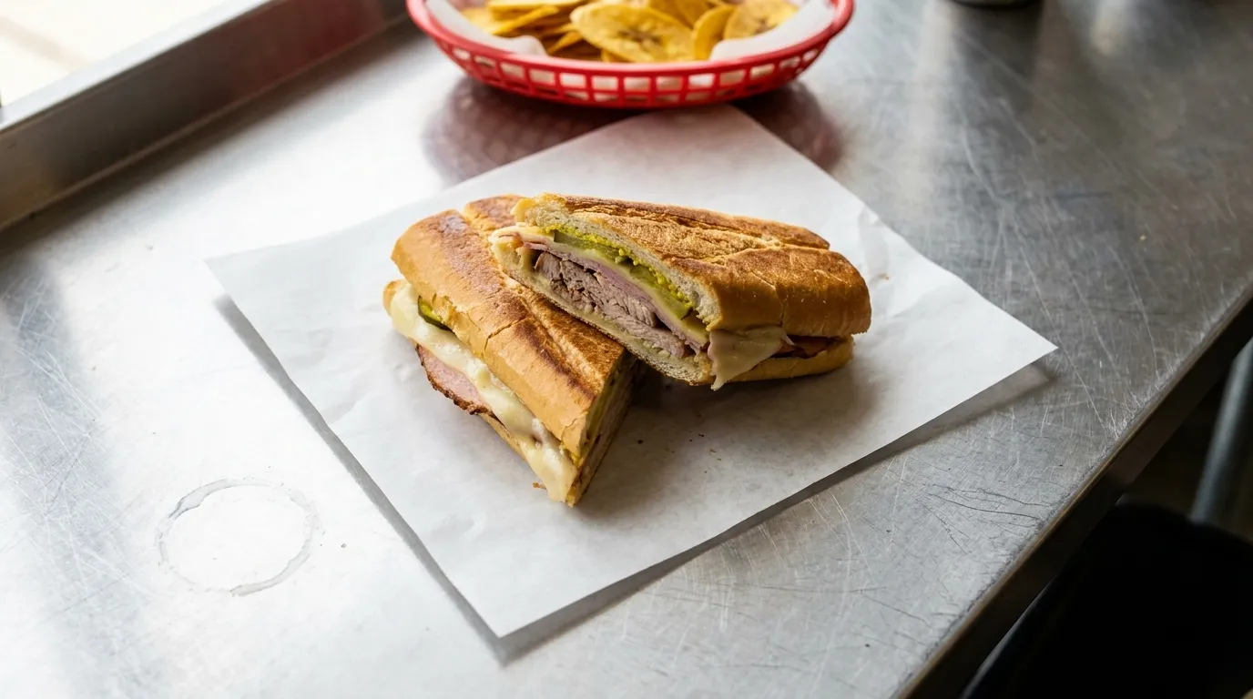 Pressed Cuban sandwich on counter with plantain chips in background