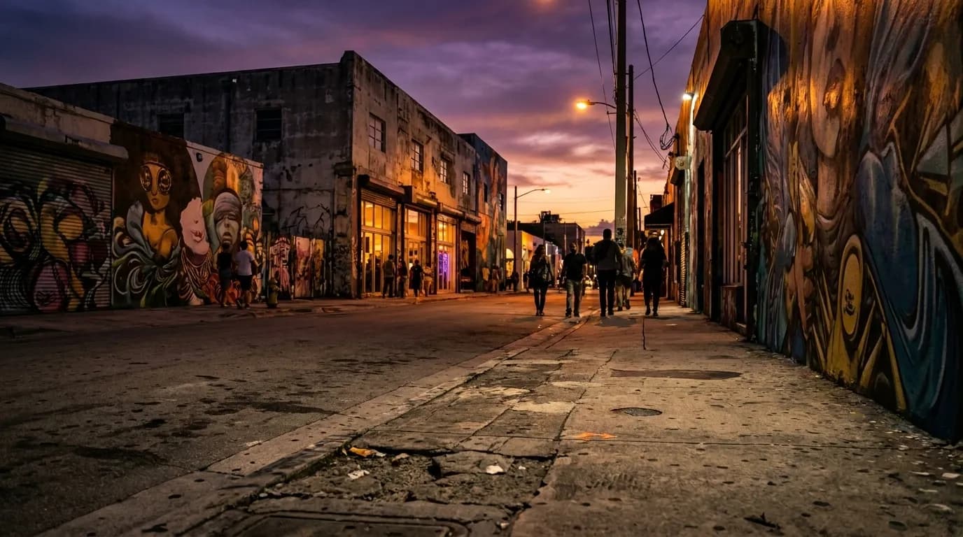 NW 2nd Avenue in Wynwood at dusk with murals and pedestrians heading toward bars