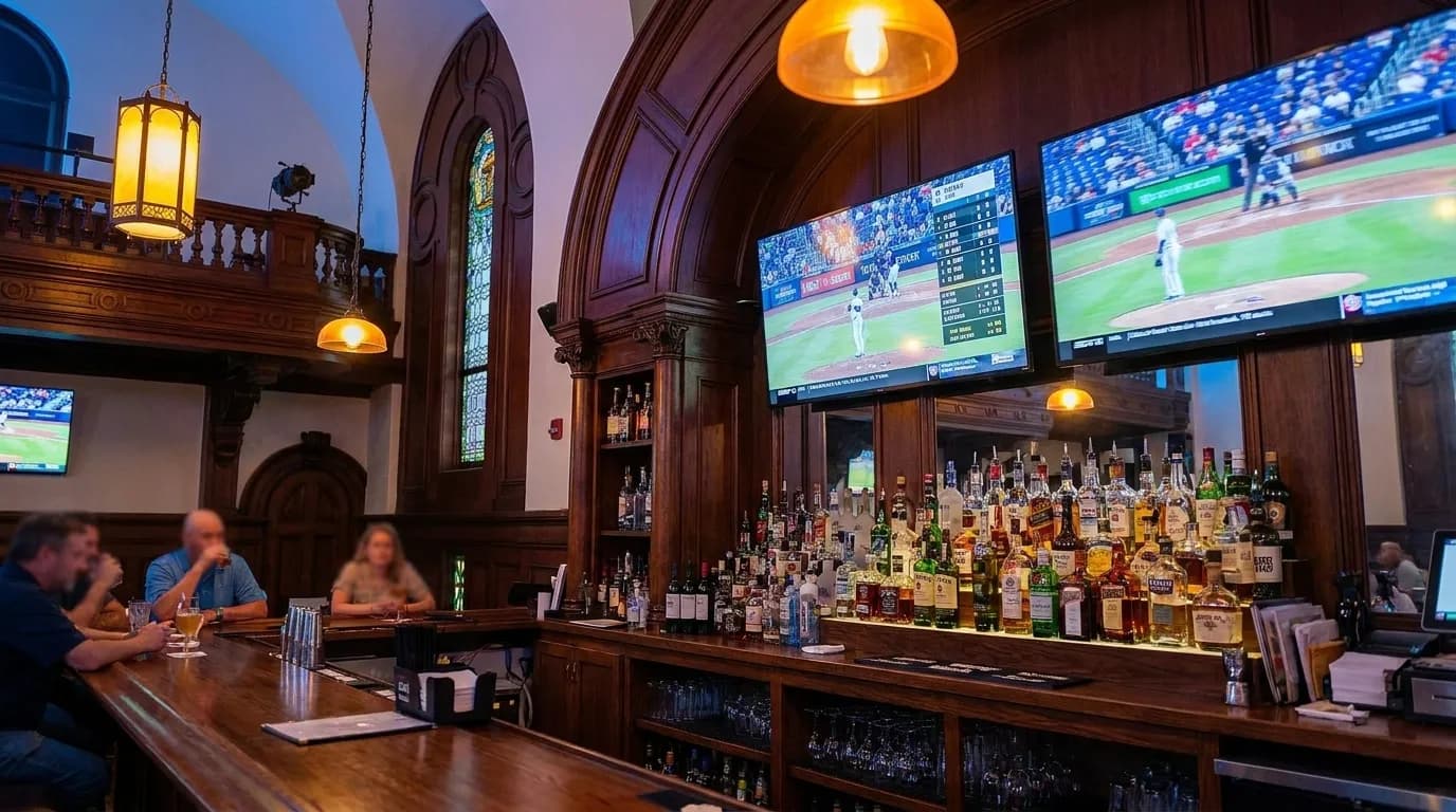 Interior of a Wynwood sports bar showing multiple screens above the bar with baseball game on