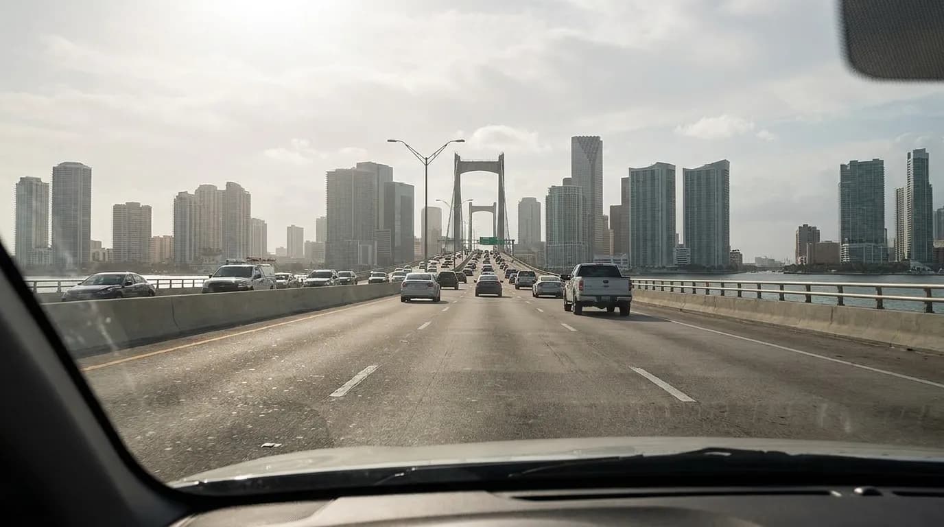 View through a car windshield of the MacArthur Causeway bridge with Miami skyline in the distance under afternoon haze