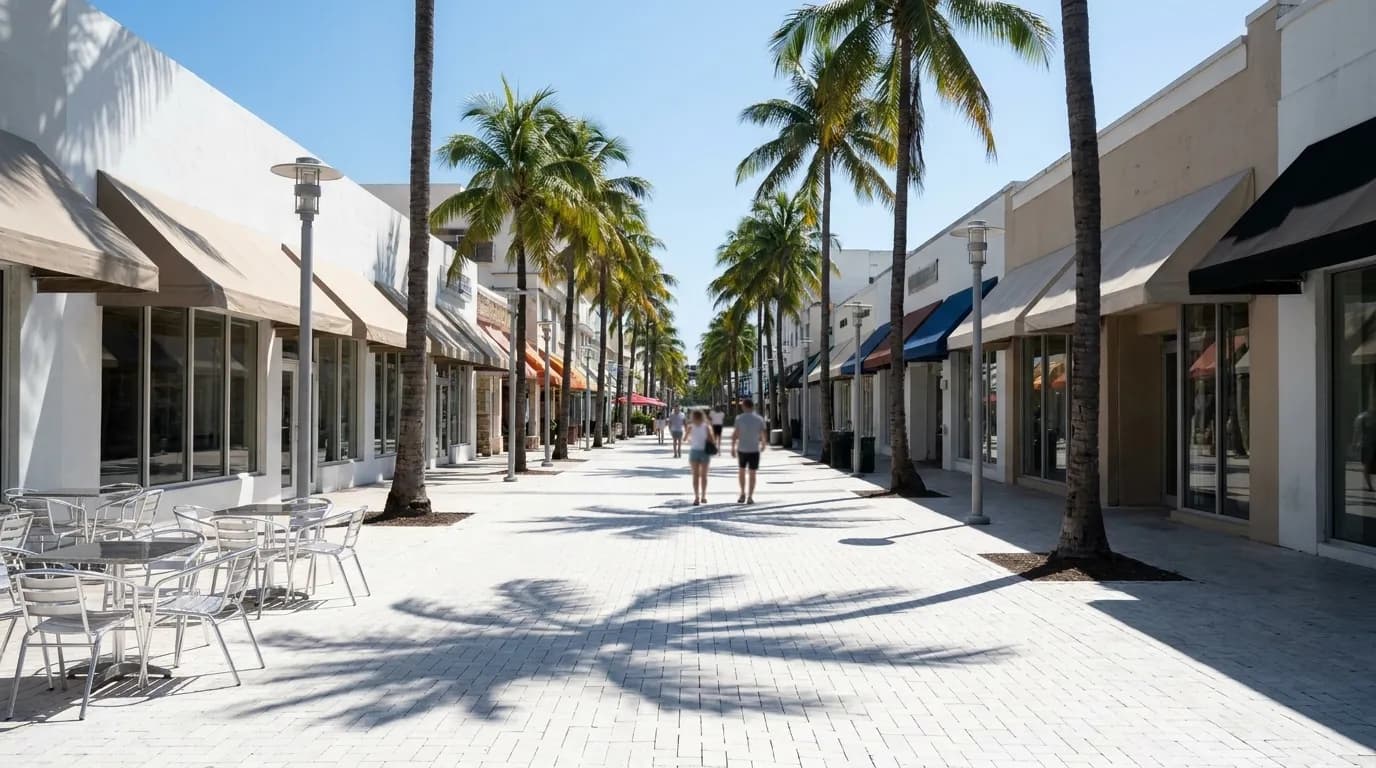Lincoln Road pedestrian mall in Miami Beach with palm trees, storefronts, and morning shadows on white pavement