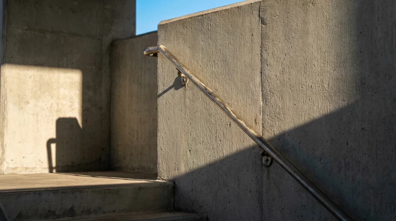Concrete stairwell and metal railing detail in a University of Miami parking garage under afternoon sun