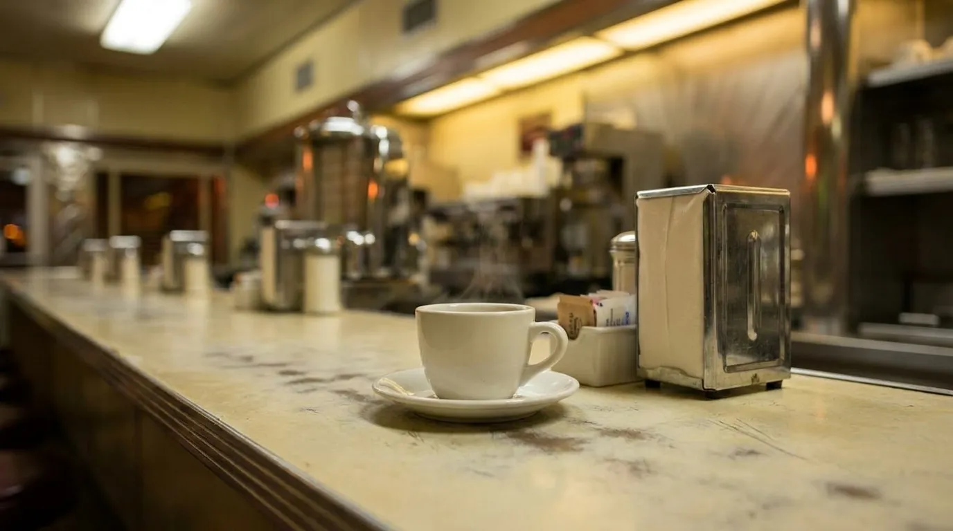 A Cuban coffee cup on a diner counter in South Beach, Miami, late at night