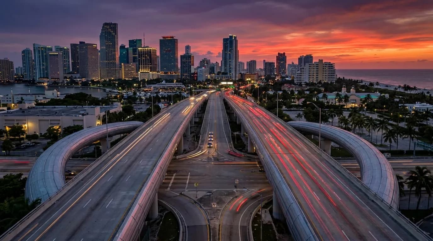 Traffic crossing the MacArthur Causeway toward South Beach at dusk, Miami skyline in background