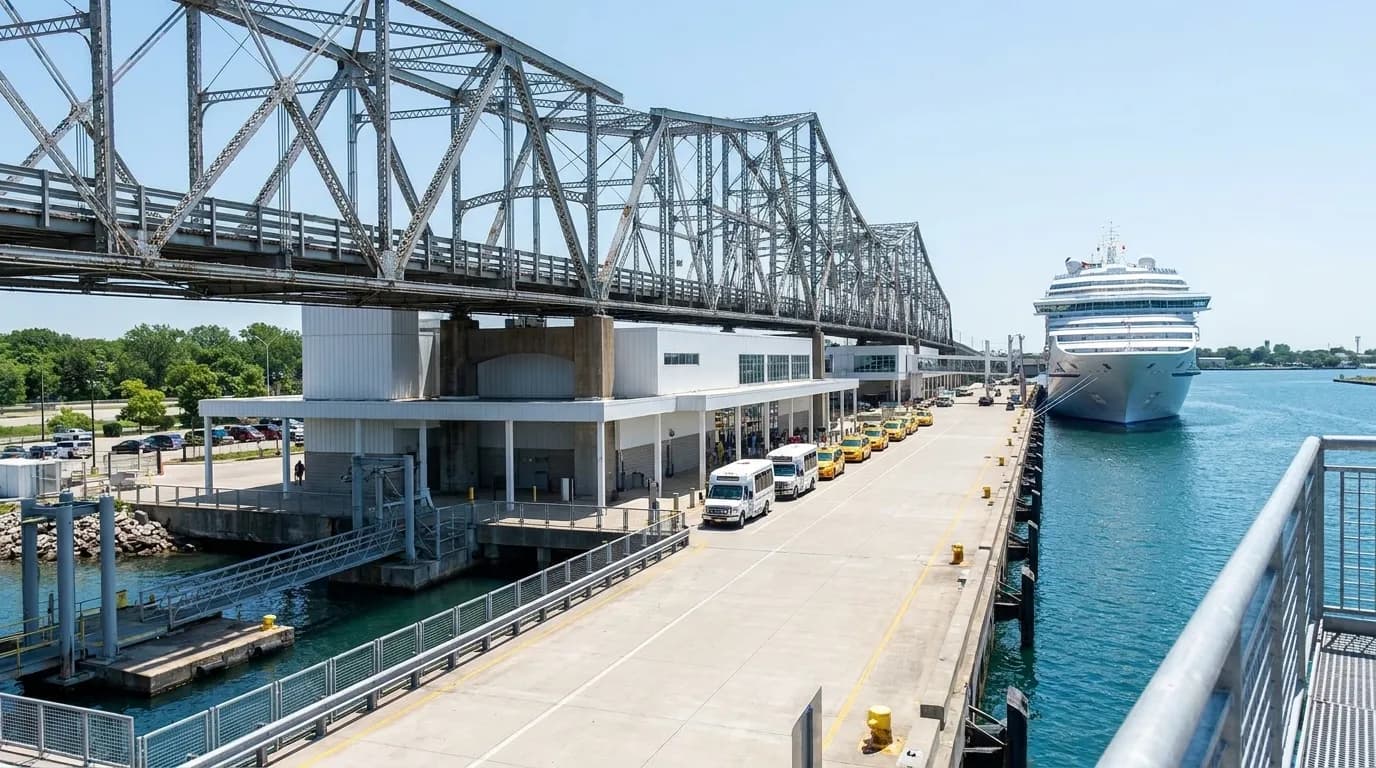 PortMiami cruise terminal with docked ship and taxi queue on a clear morning