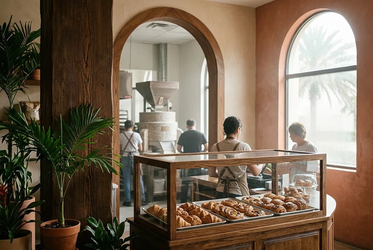 Interior counter view of a small Miami bakery with a visible stone mill and open kitchen behind the pastry case