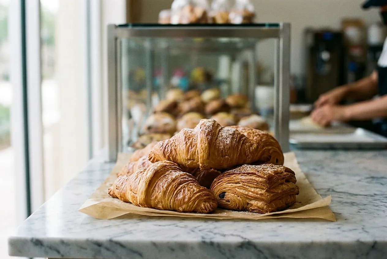 Close-up of golden croissants and pastries arranged in a glass bakery case under warm morning light