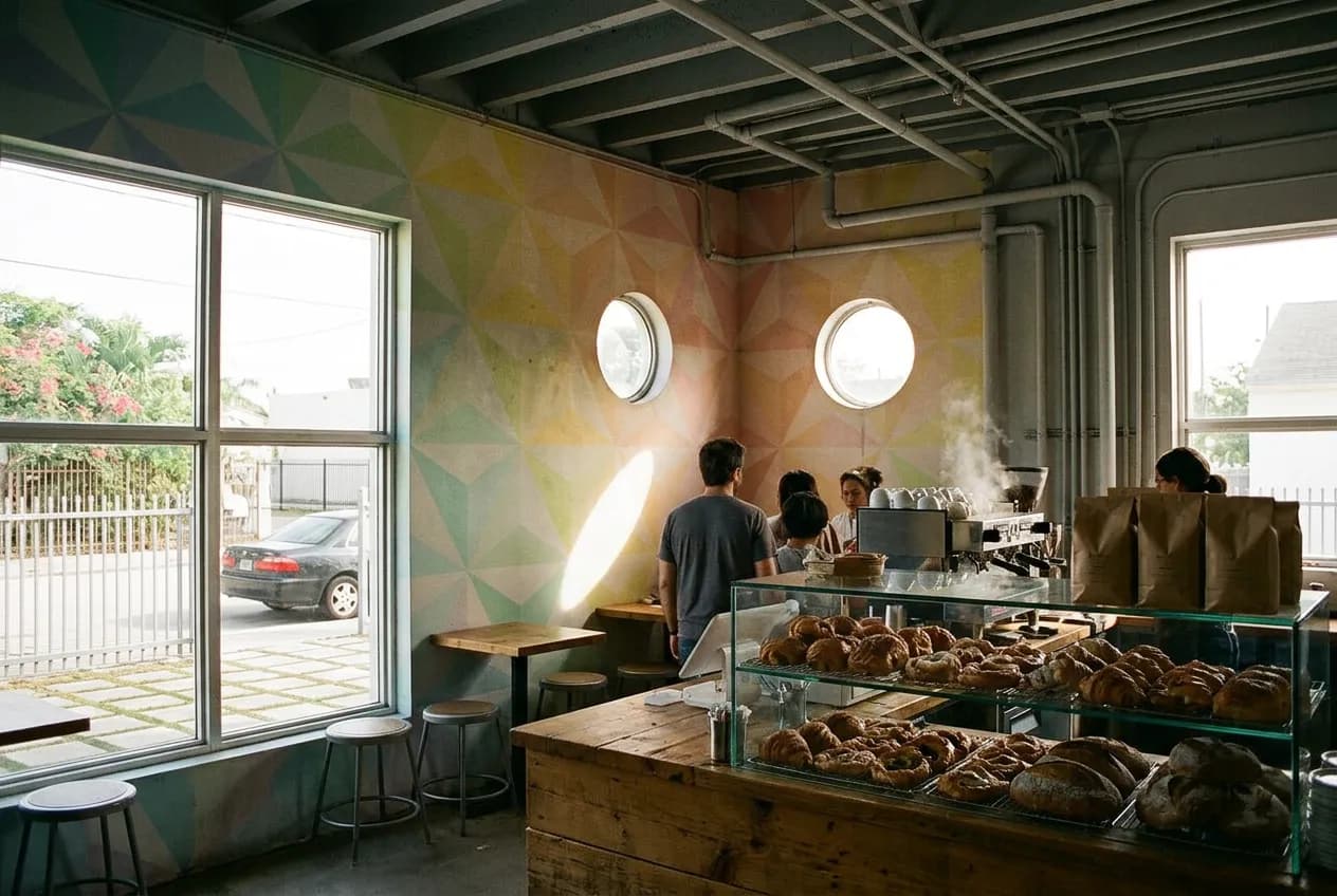 Interior of a Wynwood bakery counter with wraparound windows and morning light over a pastry case.