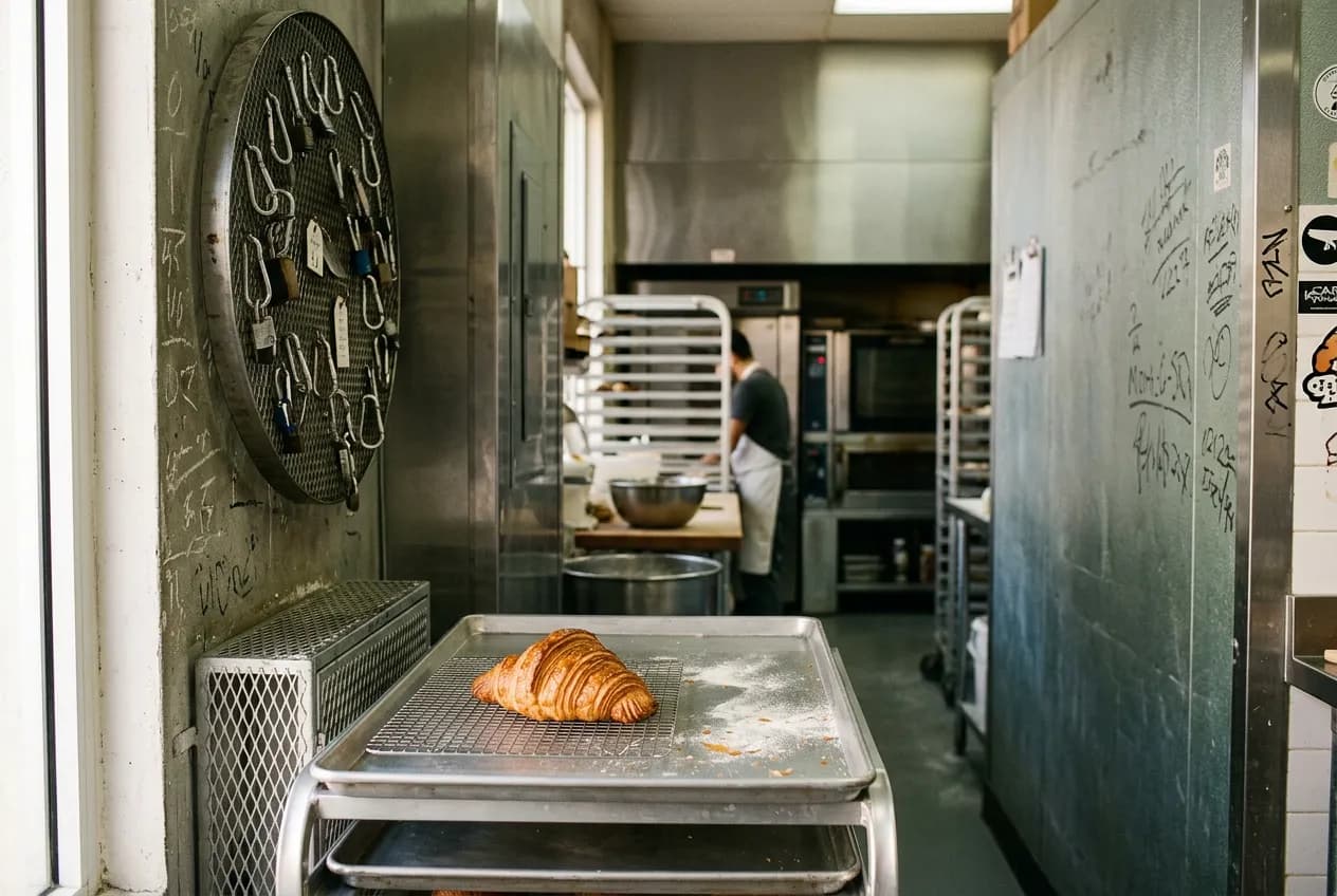 Close-up of a laminated croissant's flaky layers on a bakery cooling rack.