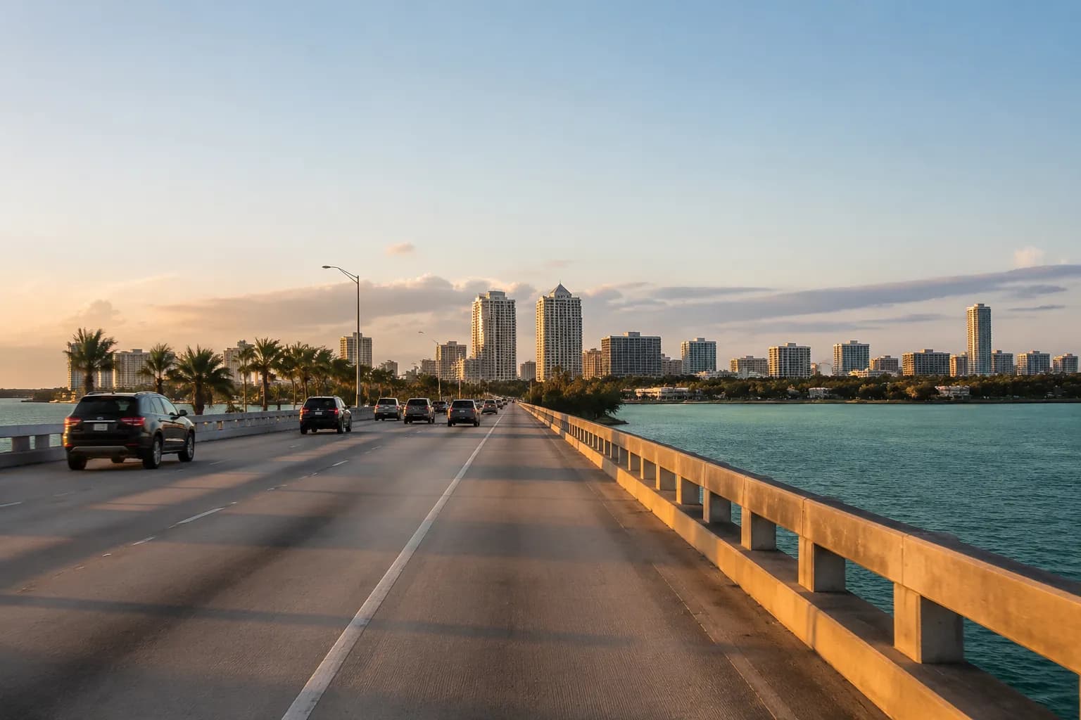 MacArthur Causeway bridge stretching toward Miami Beach skyline at dusk with traffic and turquoise water below
