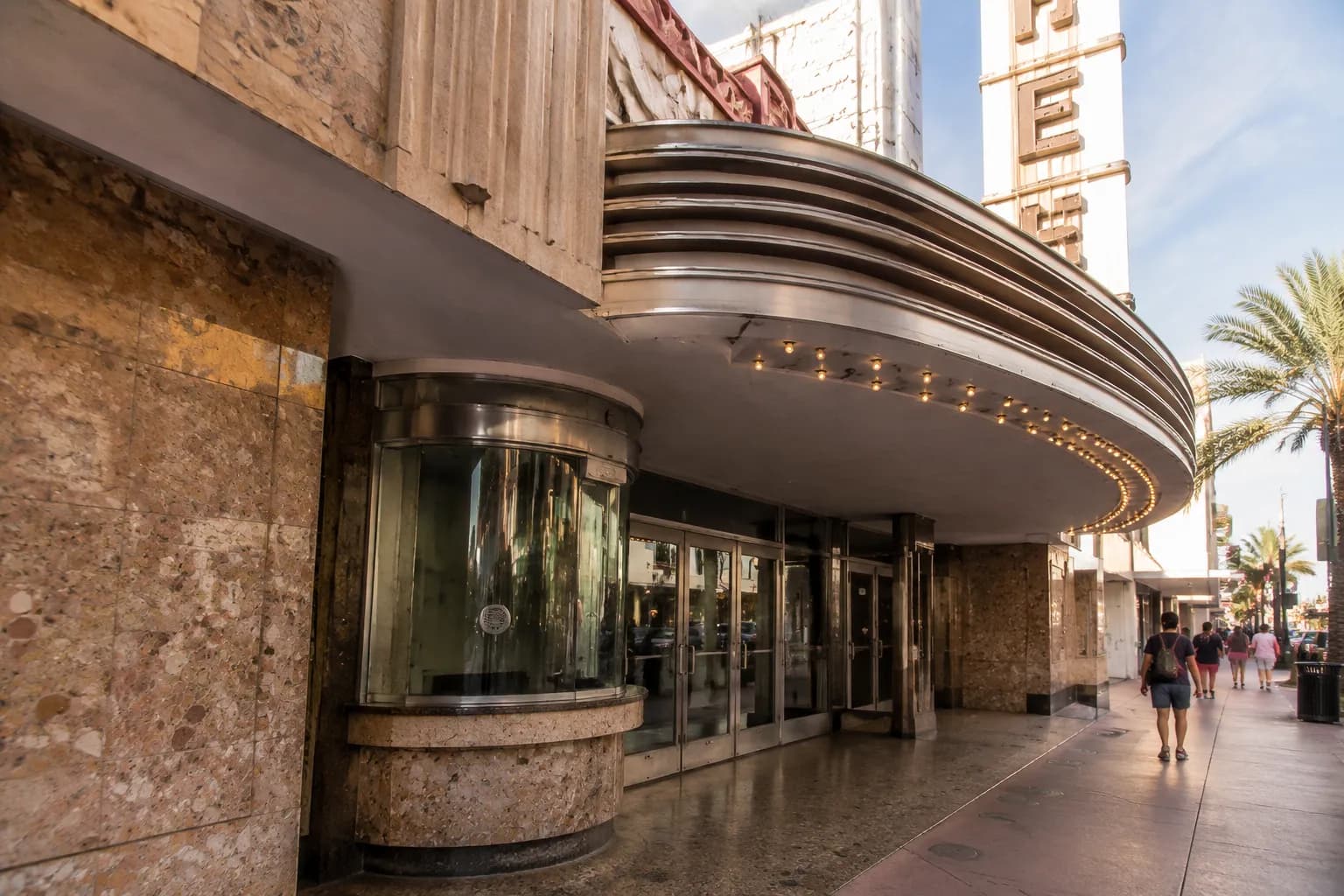 Fillmore Miami Beach historic theater entrance with marquee and terrazzo detailing on Washington Avenue