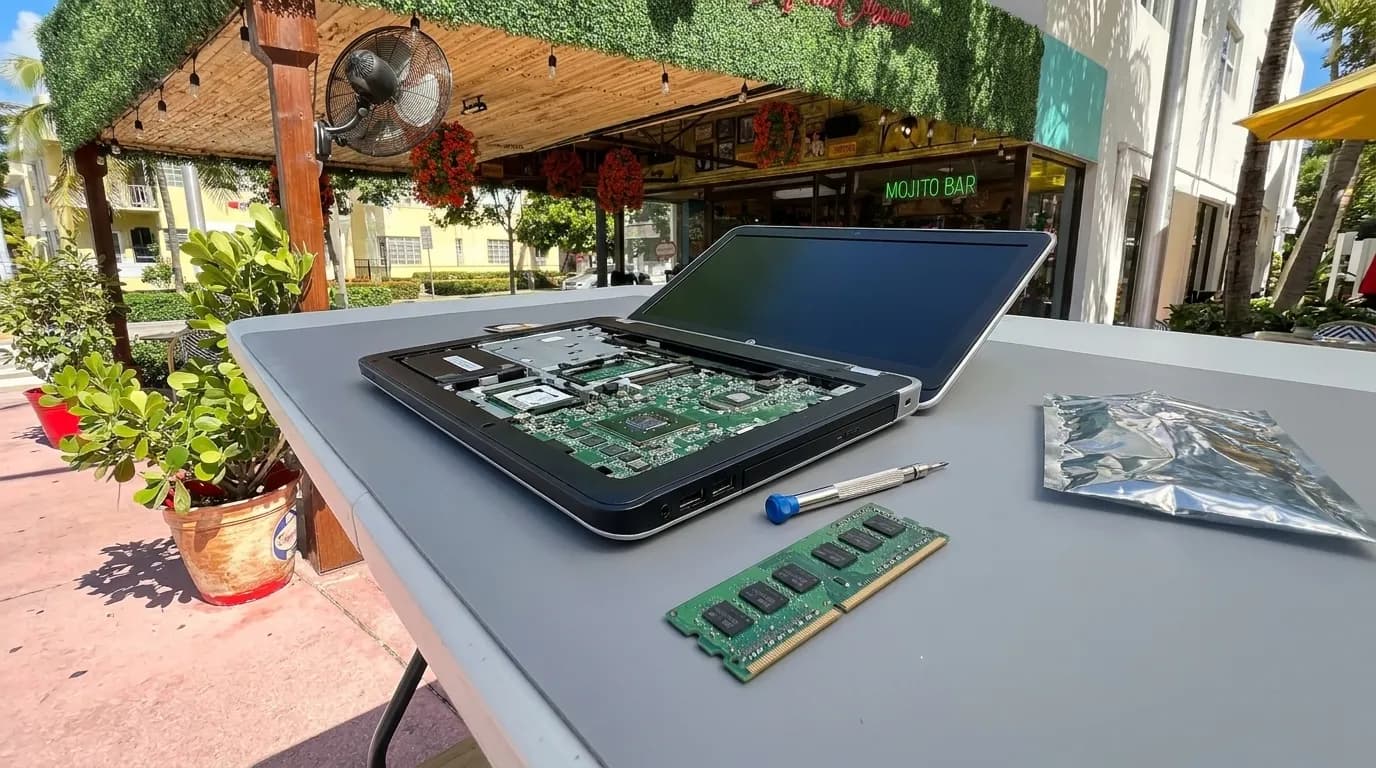 Open laptop on repair workbench with RAM module and tools beside it in Miami repair shop