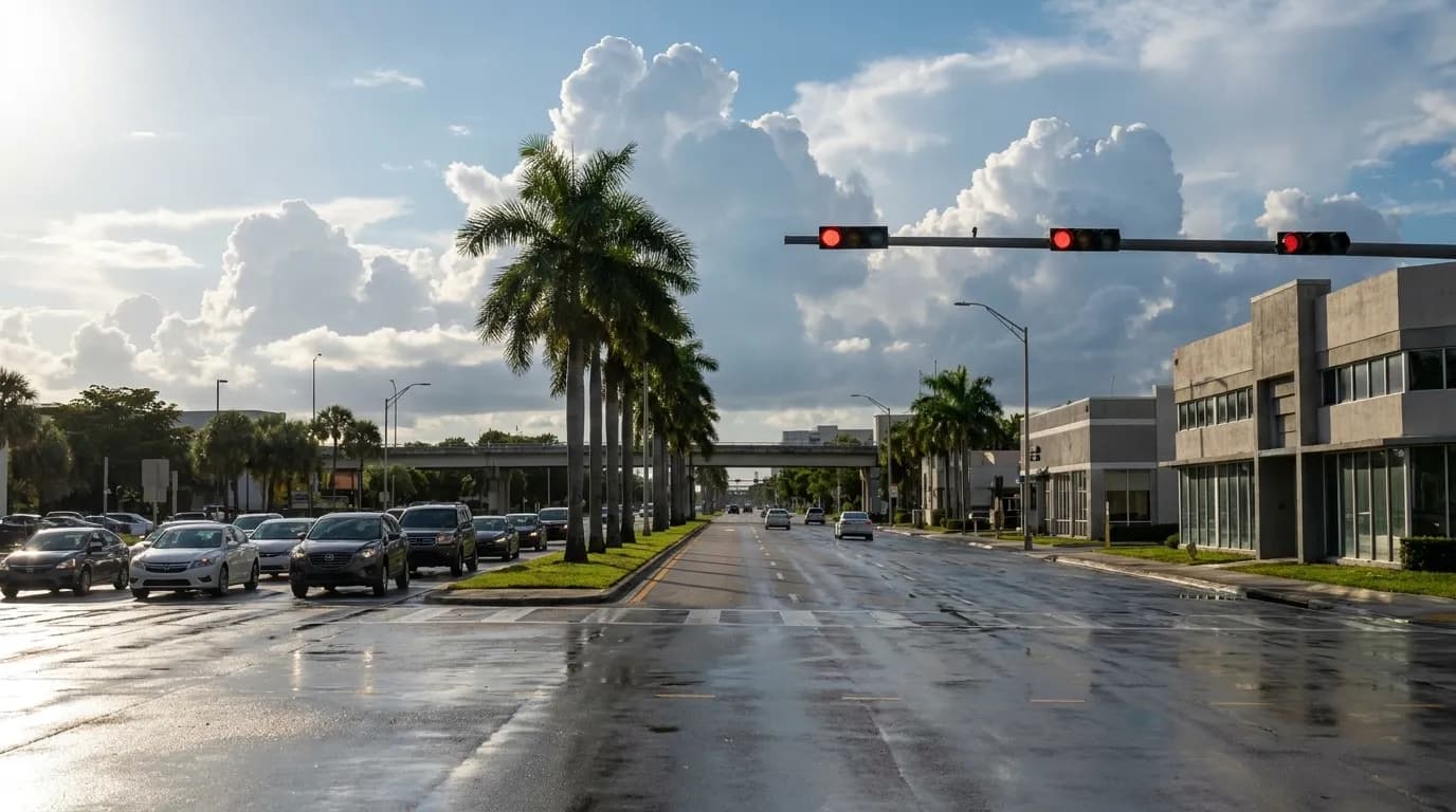 Biscayne Boulevard in Miami with traffic and palm trees during afternoon rush
