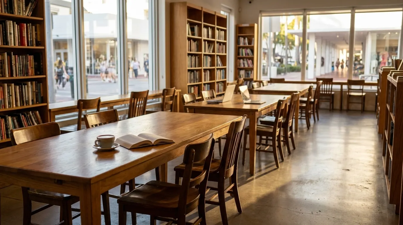 Interior of Books and Books cafe on Lincoln Road with tables and natural light
