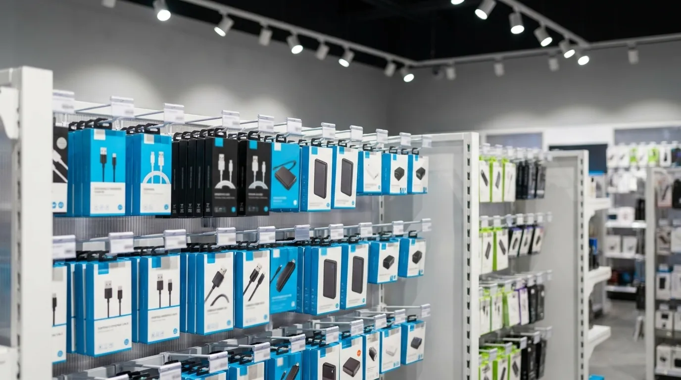 Display shelf of charging cables and portable electronics accessories in a Miami retail store