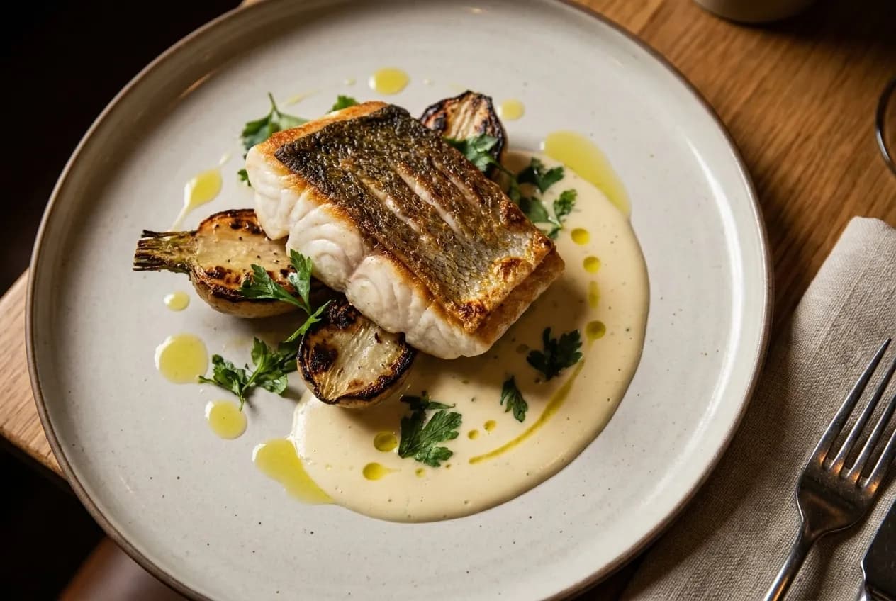 A plated fish course with charred vegetables and a pale sauce on a ceramic plate