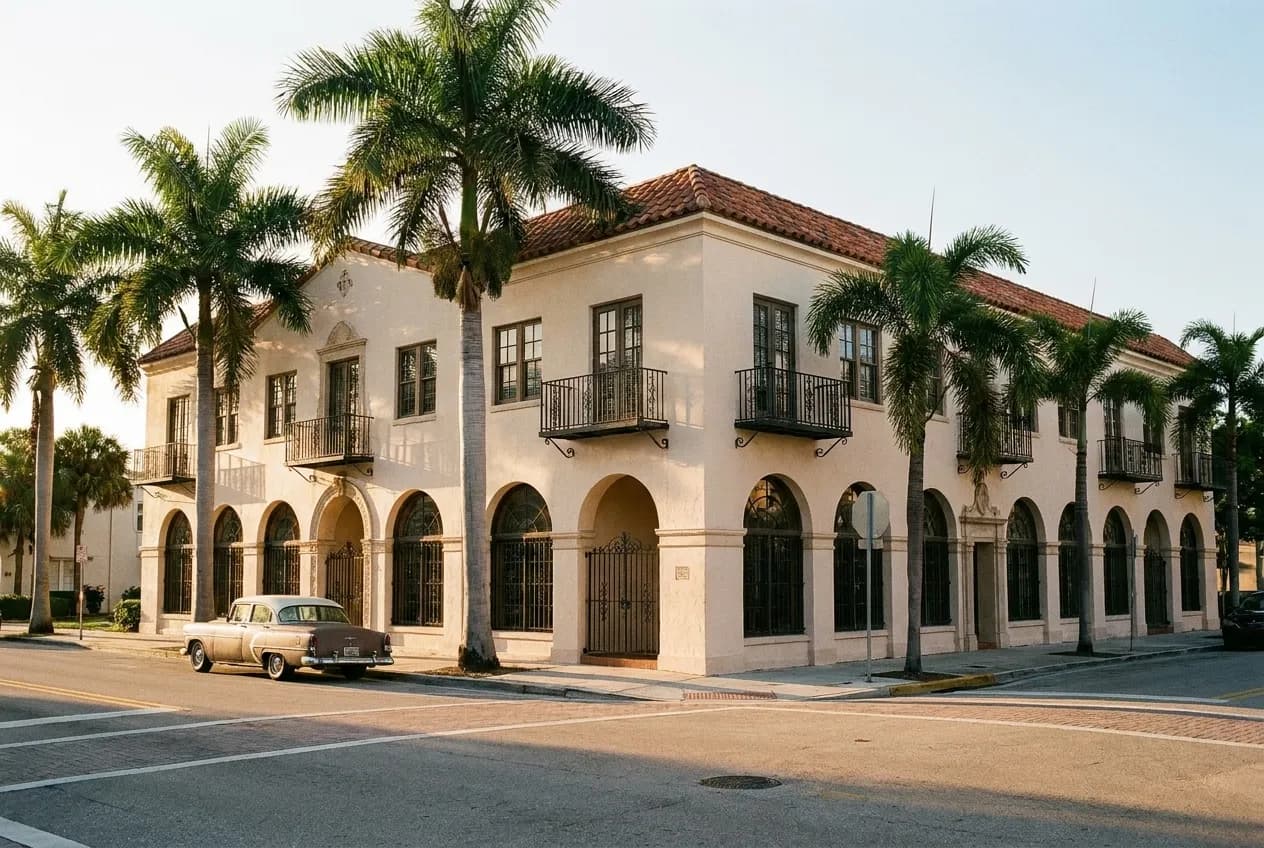 A 1920s Mediterranean-revival building on a Coral Gables street with arched openings
