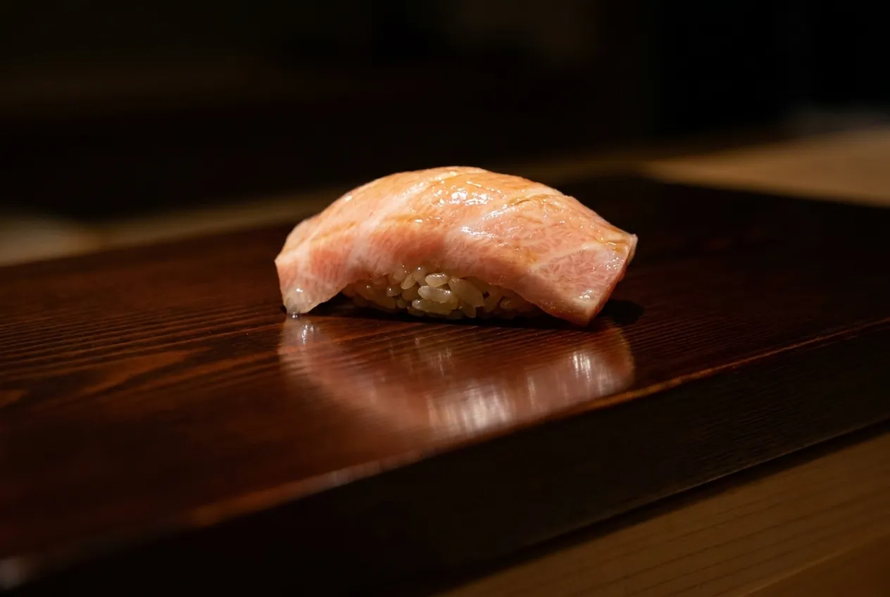 A single piece of nigiri on a dark lacquered counter under a focused light