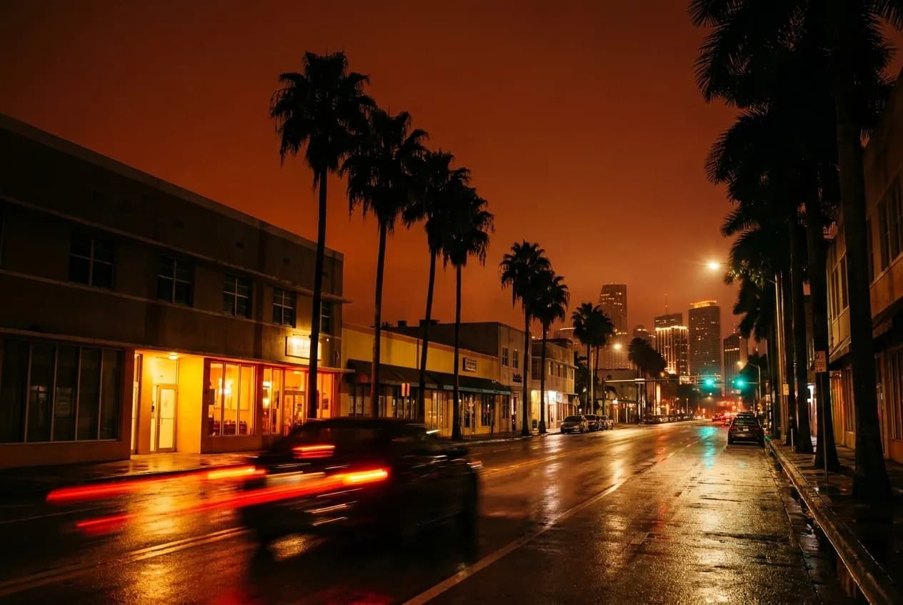 A Miami avenue at night with low buildings, warm lit frontages and traffic streaks