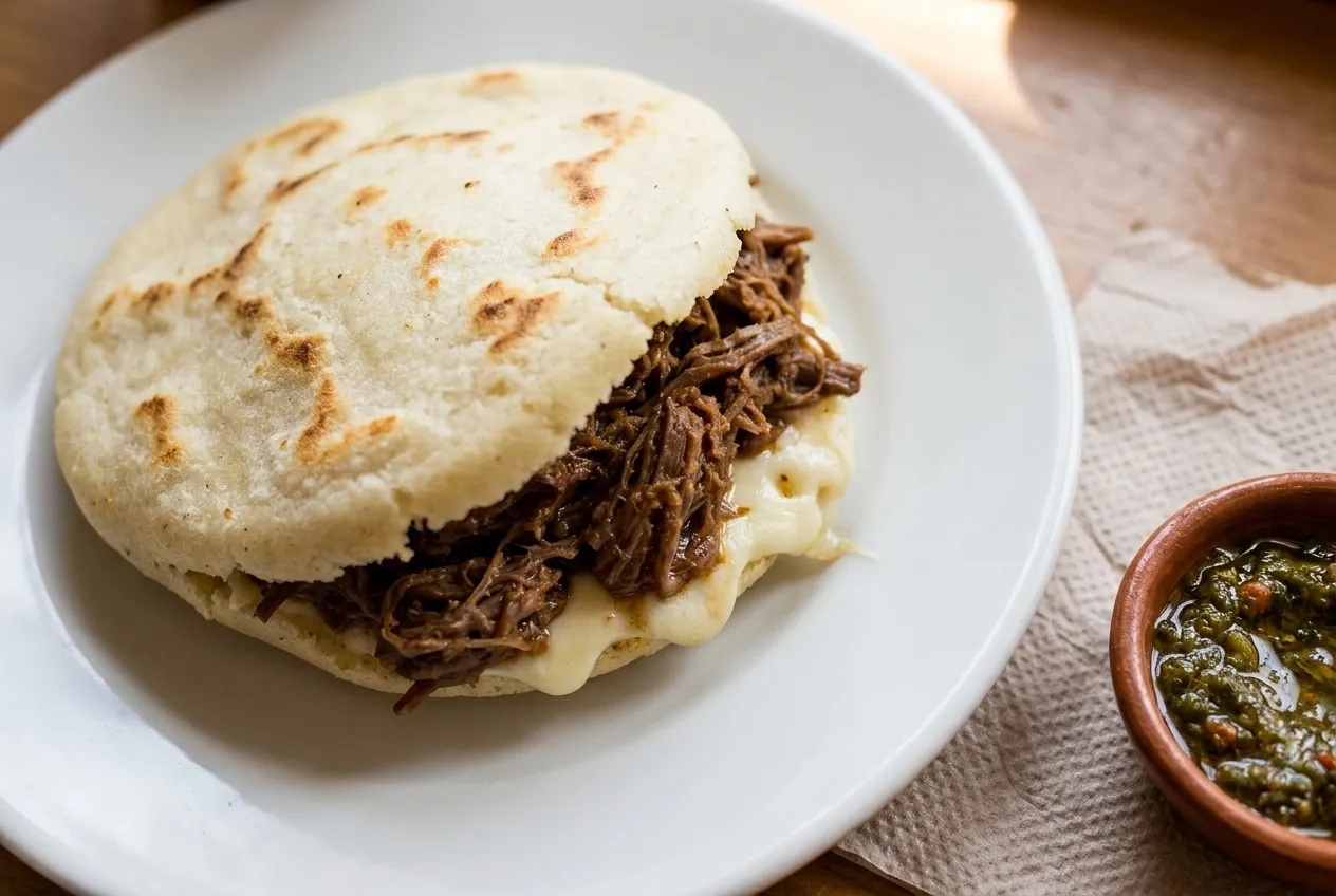 A split arepa filled with shredded beef and cheese on a plain plate