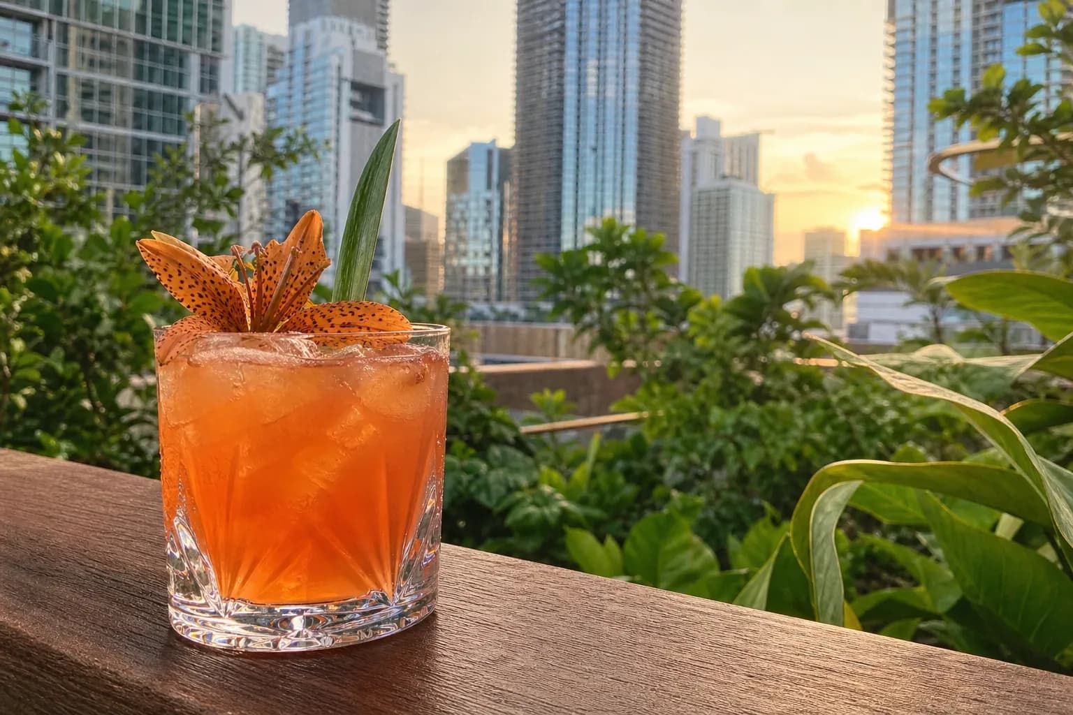 A wide-angle view of a bustling, lushly landscaped rooftop bar in Miami's Brickell neighborhood during a vibrant pink and orange sunset.