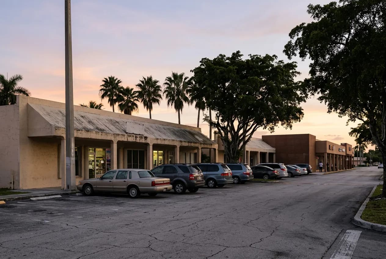Wide street-level view of a strip-mall storefront in Kendall, Miami, with parked cars under warm evening light.