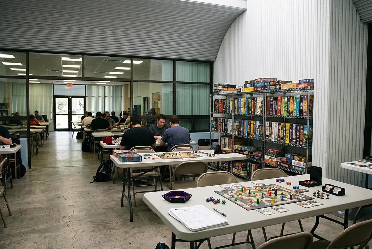 Close interior view of a well-lit tabletop gaming room with folding tables and shelves of boxed games.