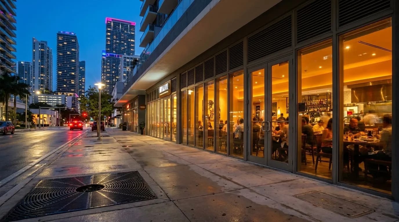 Evening view of Brickell Avenue in Downtown Miami with restaurant storefronts and high-rise towers at dusk