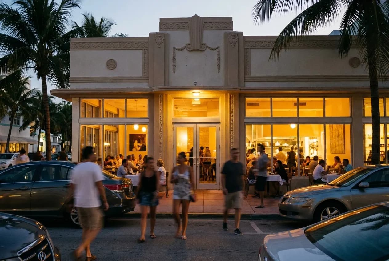 Miami Beach restaurant exterior at dusk with palm trees and pedestrians on the sidewalk