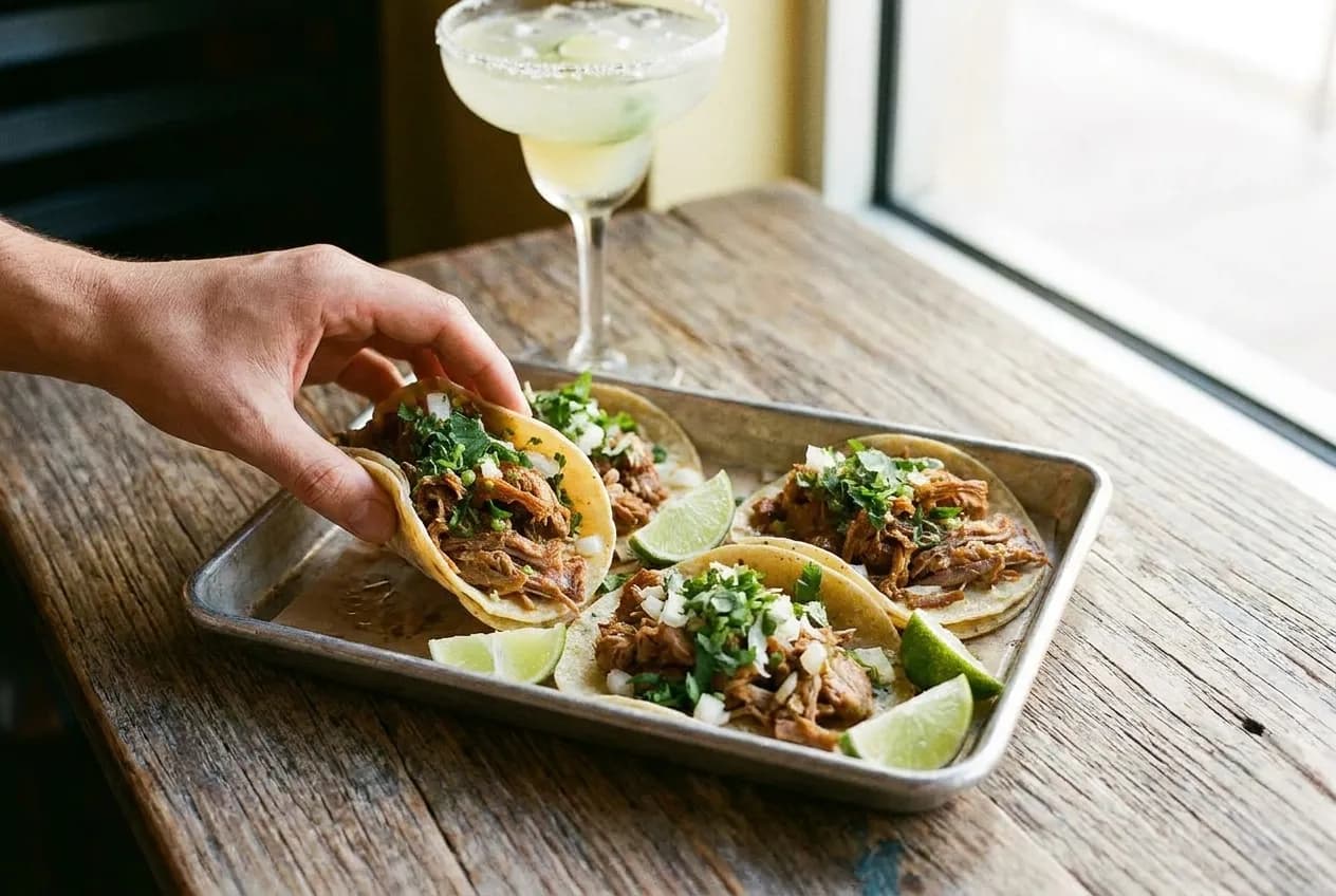 Overhead view of street tacos with carnitas, cilantro, and lime on a restaurant table