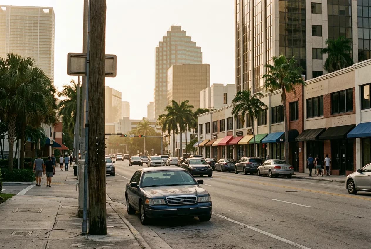 Brickell Avenue high-rises and ground-floor storefronts in late afternoon light, Miami