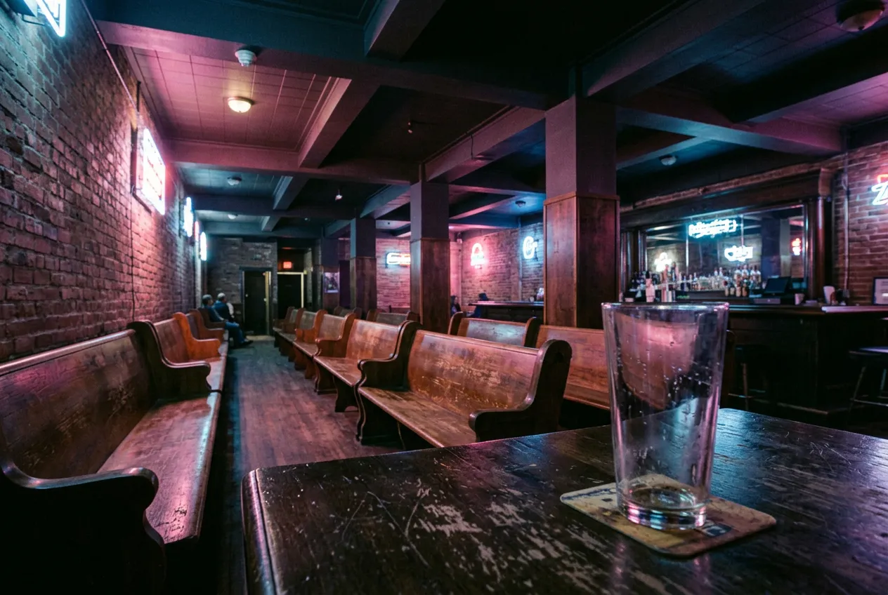 Close-up of a dim, neon-lit bar interior with brick walls and church-pew seating