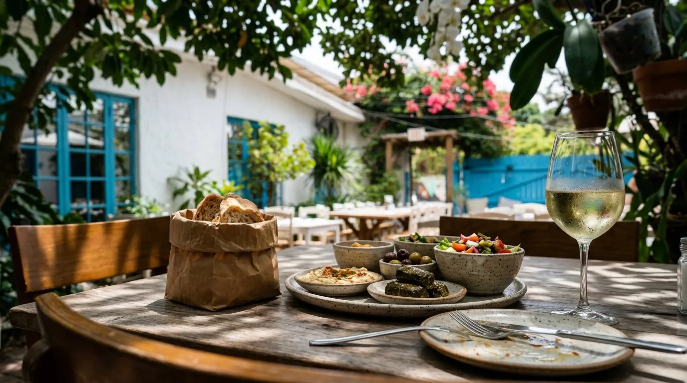 Wooden table with mezze plates and bread bag in a shaded garden courtyard