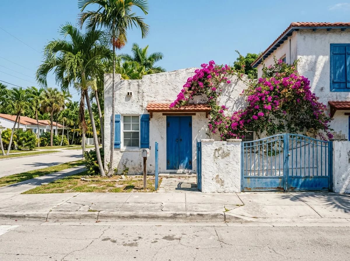 Whitewashed bungalow facade with blue door and bougainvillea vines in Miami