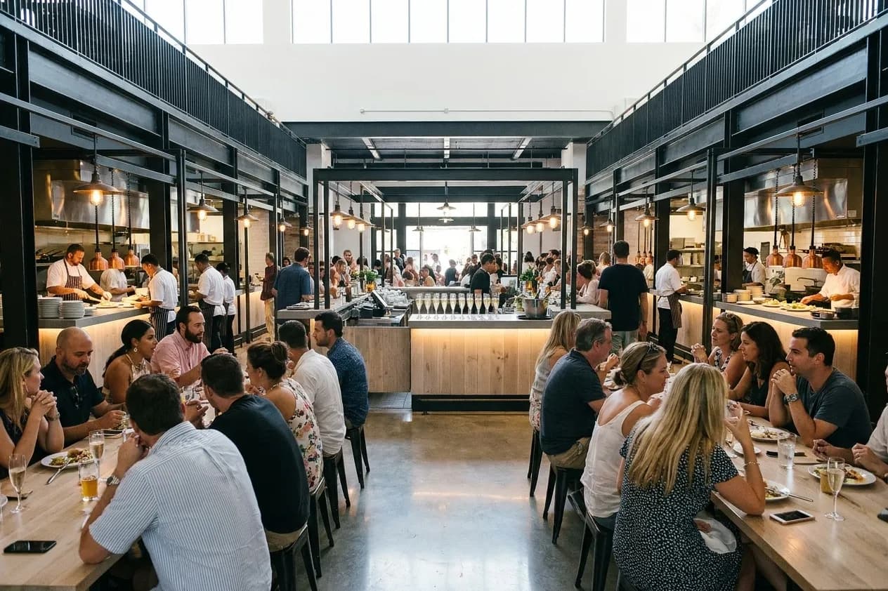 A bright food hall with long communal tables and a row of open kitchen counters along one wall, busy at midday