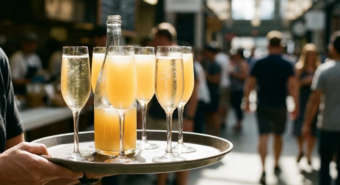 A tray of filled champagne flutes with orange juice being carried across a busy hall, bubbles rising in the glasses