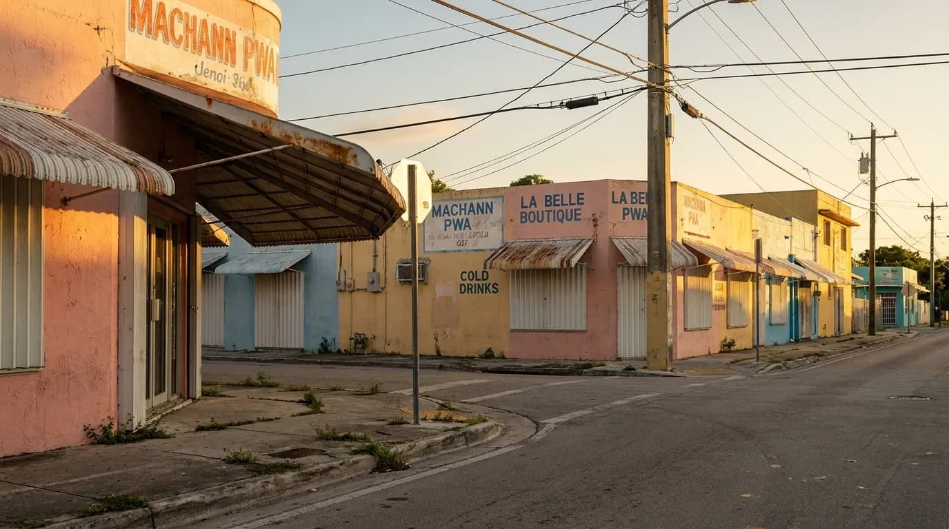 Street corner in Little Haiti showing the neighborhood's colorful storefronts and pedestrian-scale commercial blocks near historic Burger King locations