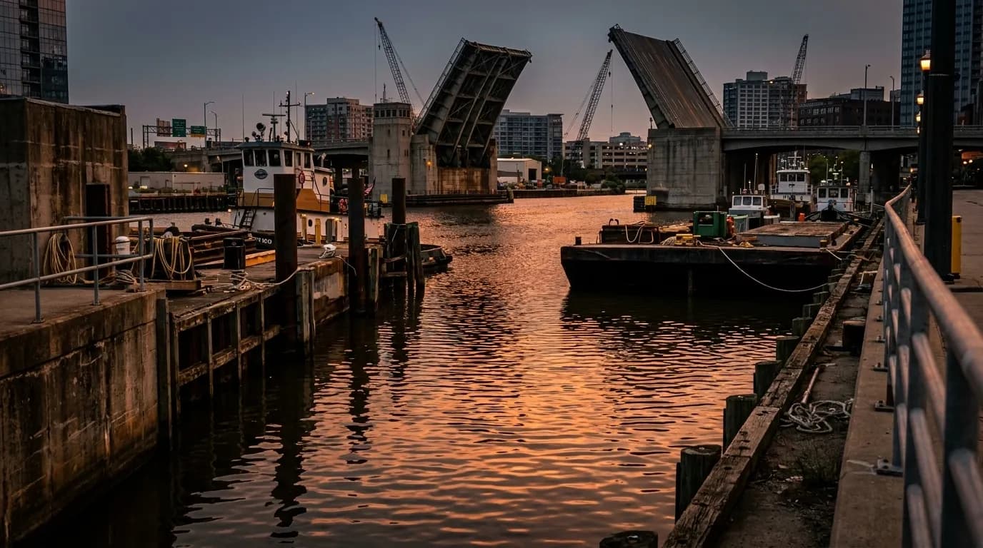 Miami River at dusk with boats and bridge in background