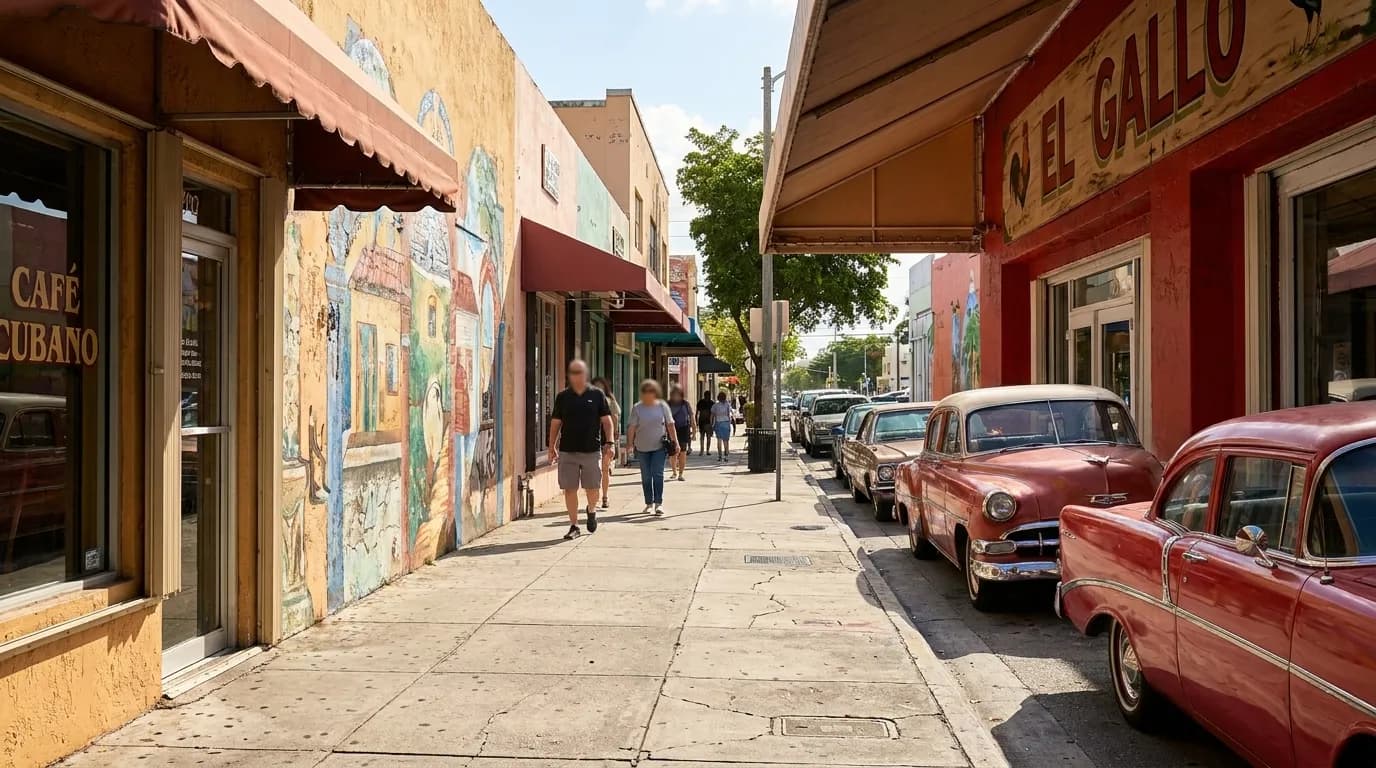 Sunlit sidewalk along Calle Ocho in Little Havana with painted storefronts and parked cars