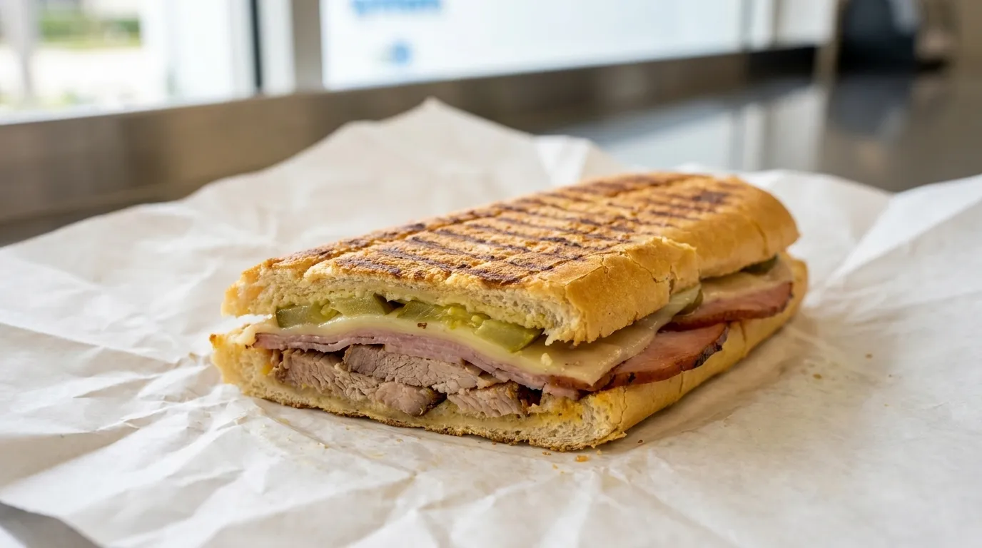 Close-up of a pressed Cuban sandwich with grill marks on toasted bread, showing layers of pork and ham